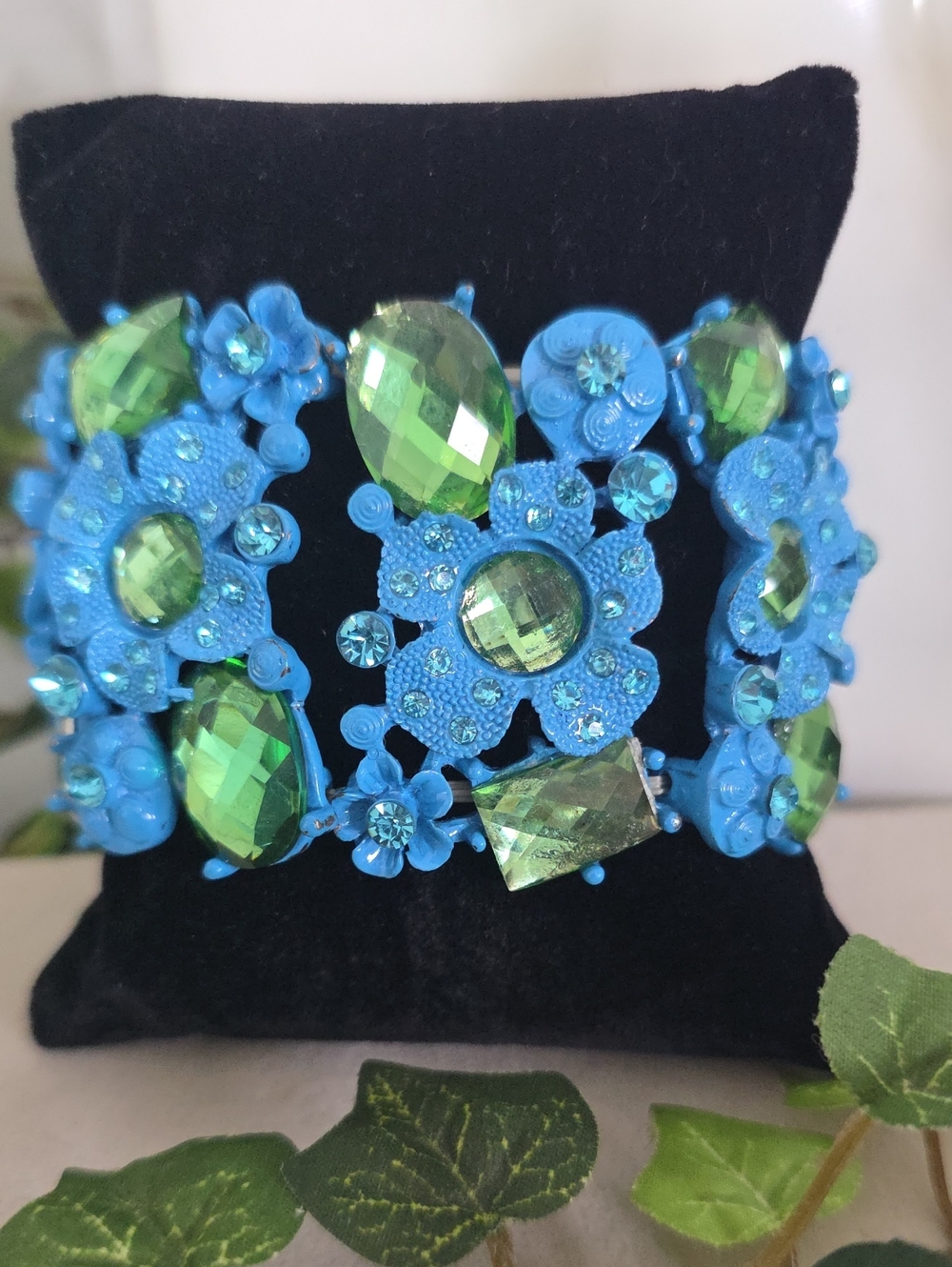 Vintage Floral Metal Panel Stretch Cuff Bracelet Blue Green Statement